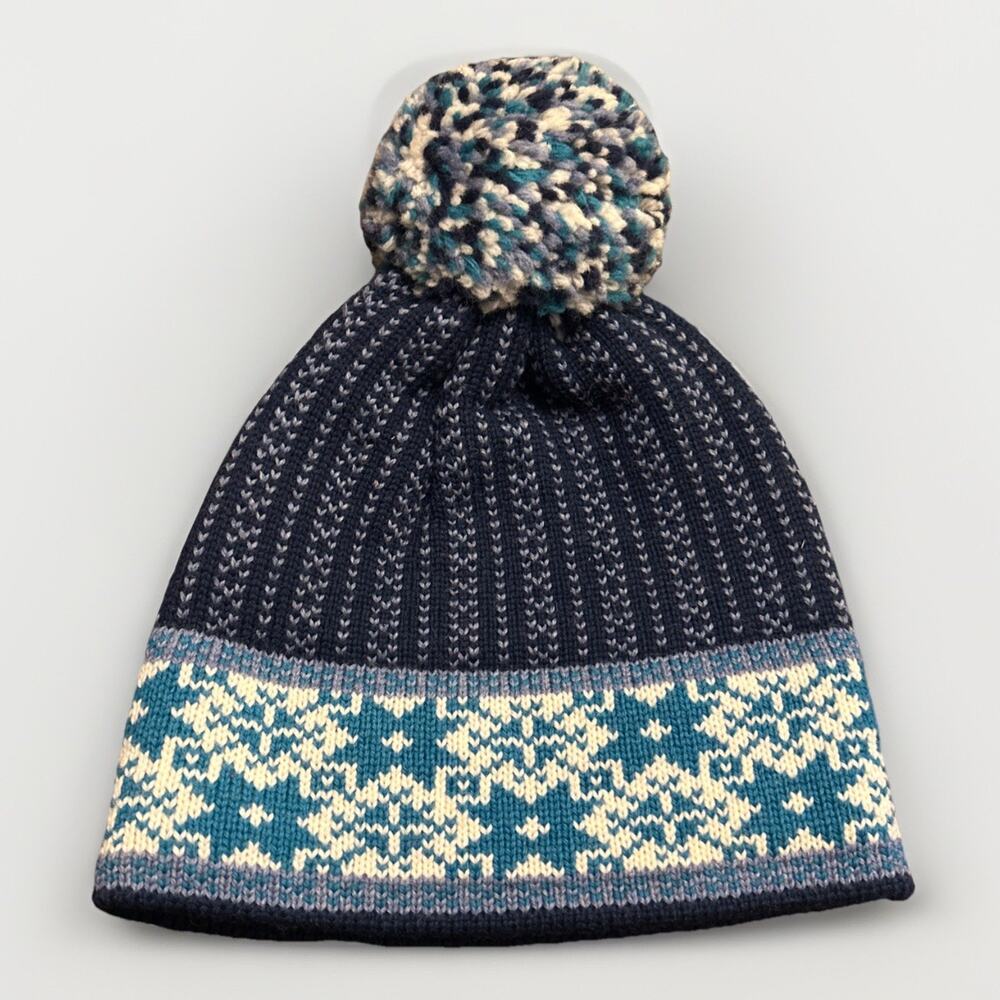 Vintage Mountain Ladies & Ewe Handmade 100% Wool Beanie Hat Pom Pom Nordic Blue